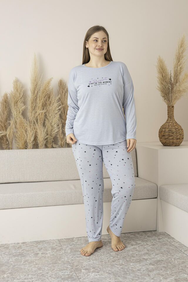 Kadın Yazlık Kalp Desenli Uzun Kollu Viskon Battal Pijama Takımı