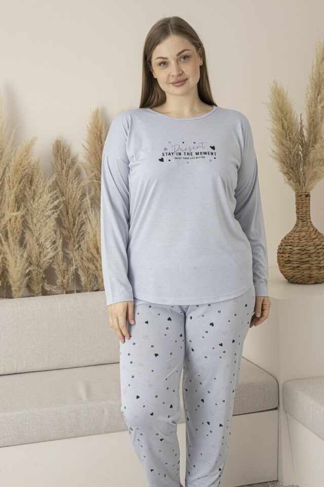Kadın Yazlık Kalp Desenli Uzun Kollu Viskon Battal Pijama Takımı 3XL - Gri