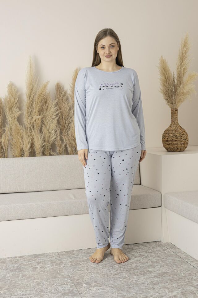 Kadın Yazlık Kalp Desenli Uzun Kollu Viskon Battal Pijama Takımı 4XL - Gri
