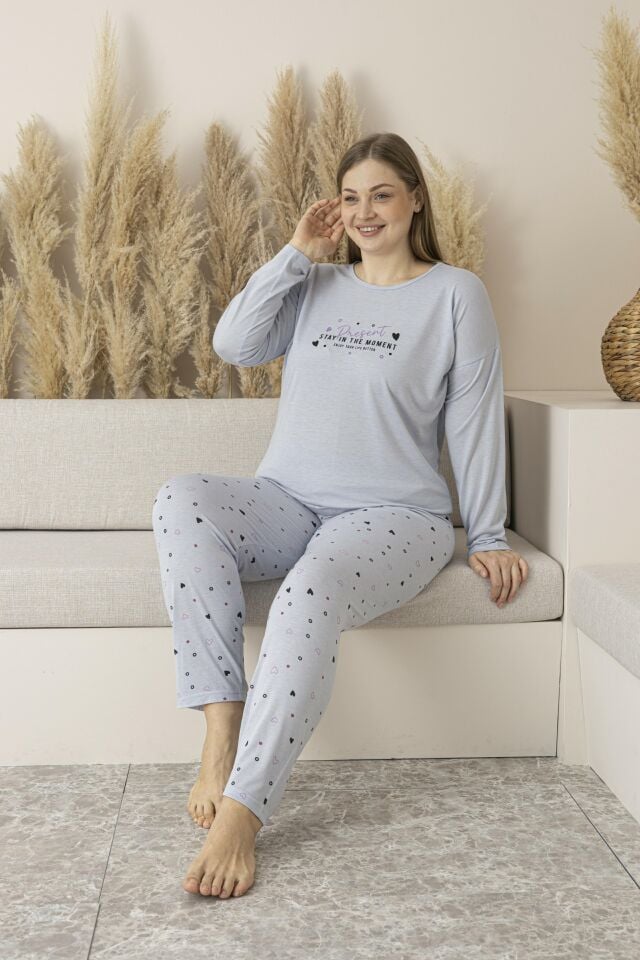 Kadın Yazlık Kalp Desenli Uzun Kollu Viskon Battal Pijama Takımı 4XL - Gri