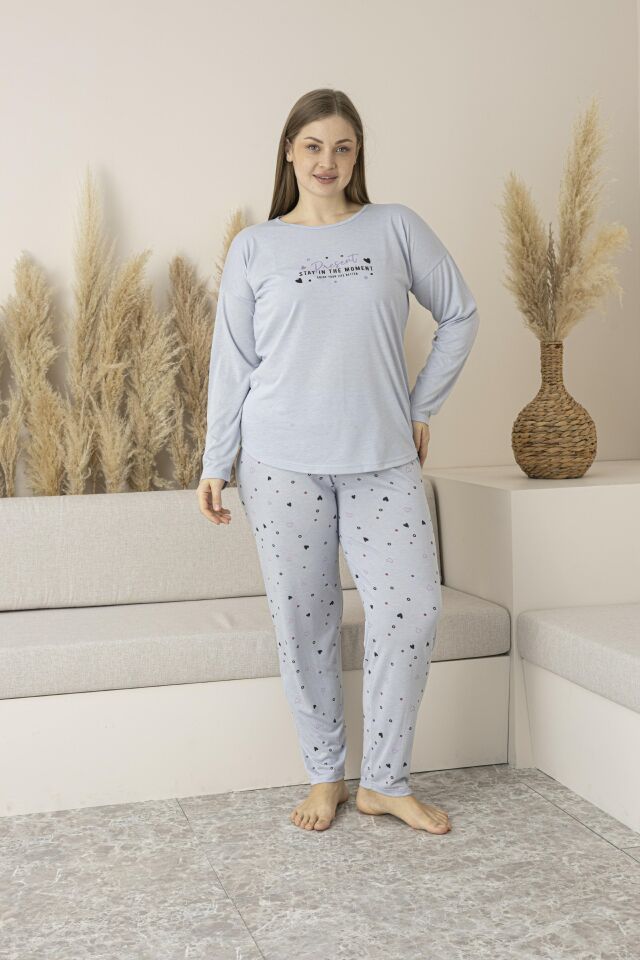 Kadın Yazlık Kalp Desenli Uzun Kollu Viskon Battal Pijama Takımı 4XL - Gri