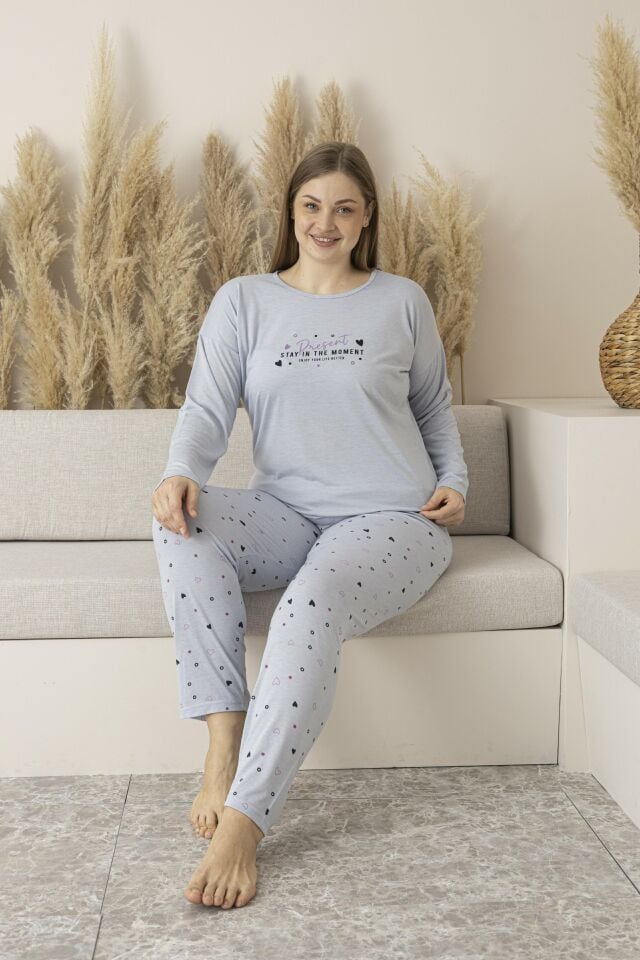Kadın Yazlık Kalp Desenli Uzun Kollu Viskon Battal Pijama Takımı 5XL - Gri