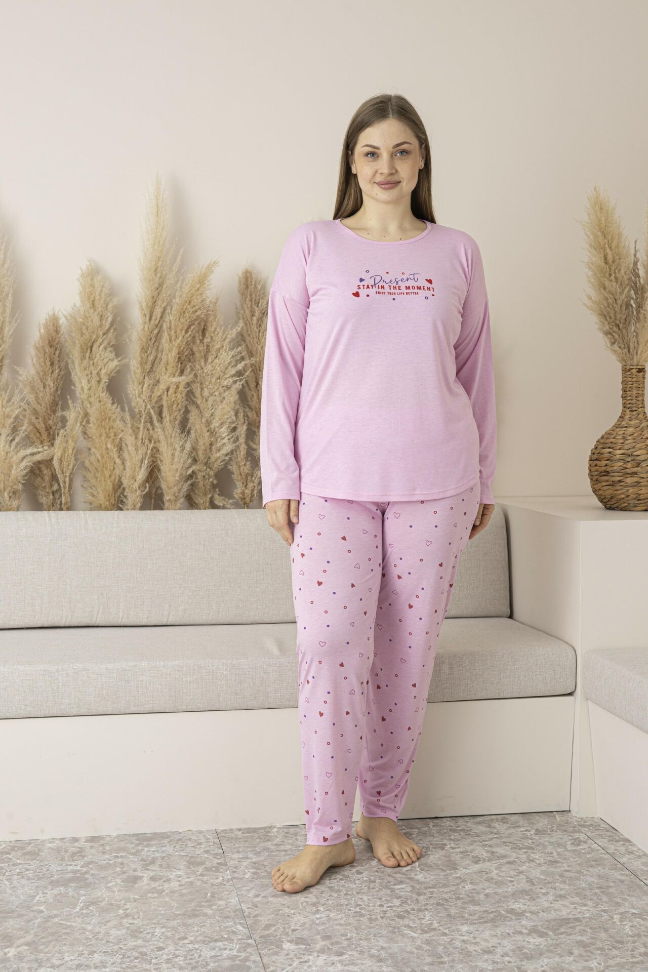 Kadın Yazlık Kalp Desenli Uzun Kollu Viskon Battal Pijama Takımı 3XL - Pembe