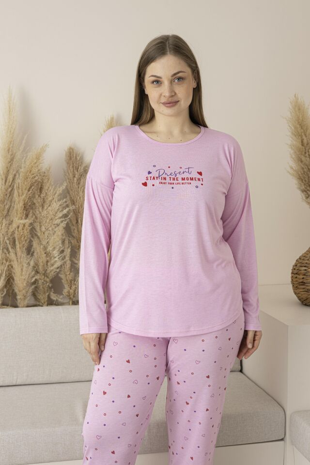 Kadın Yazlık Kalp Desenli Uzun Kollu Viskon Battal Pijama Takımı 3XL - Pembe