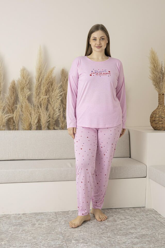 Kadın Yazlık Kalp Desenli Uzun Kollu Viskon Battal Pijama Takımı 4XL - Pembe