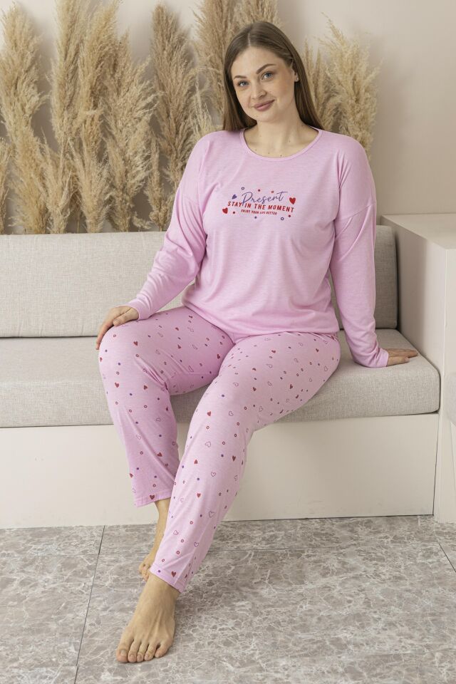 Kadın Yazlık Kalp Desenli Uzun Kollu Viskon Battal Pijama Takımı 4XL - Pembe