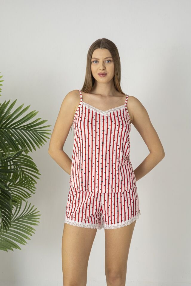 Estiva Kadın Çizgi Desenli Kırmızı Askılı Şortlu Viskon Pijama Takımı