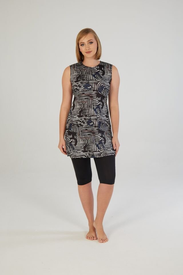 Estiva Lineer Desenli Kolsuz Taytlı Elbise Mayo