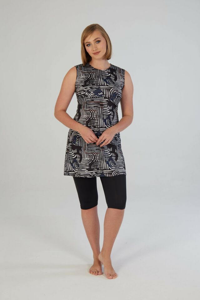 Estiva Lineer Desenli Kolsuz Taytlı Elbise Mayo