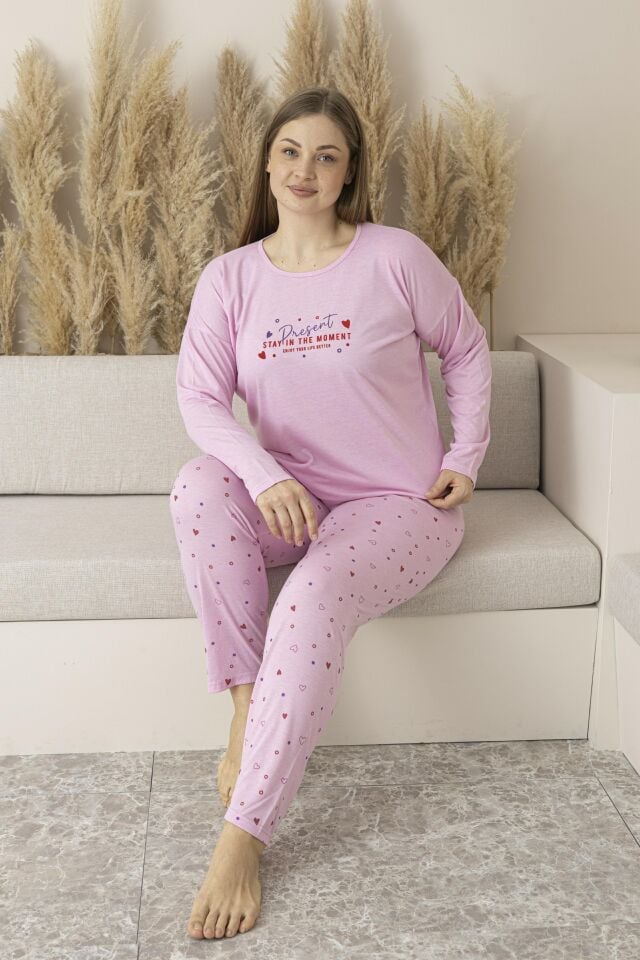 Kadın Yazlık Kalp Desenli Uzun Kollu Viskon Battal Pijama Takımı 5XL - Pembe