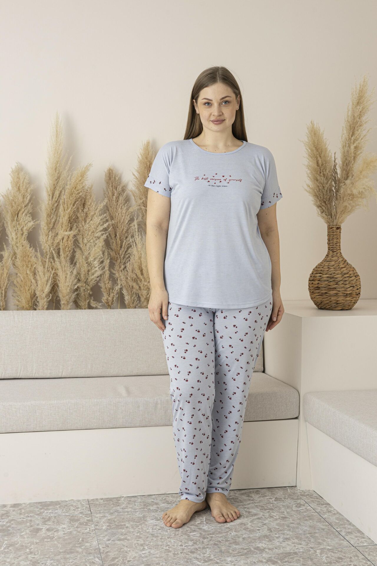 Kadın Yazlık Desenli Uzun Kollu Viskon Battal Pijama Takımı 3XL - Gri