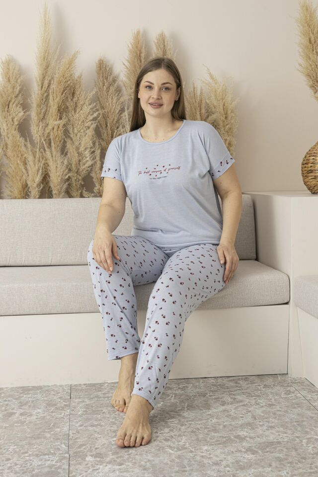 Kadın Yazlık Desenli Uzun Kollu Viskon Battal Pijama Takımı 4XL - Gri