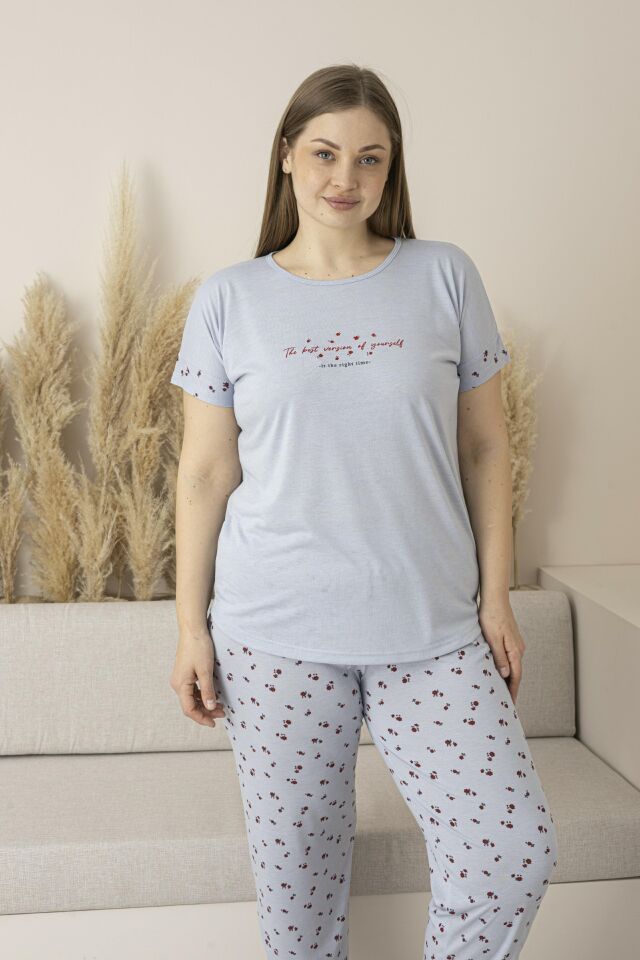 Kadın Yazlık Desenli Uzun Kollu Viskon Battal Pijama Takımı 4XL - Gri