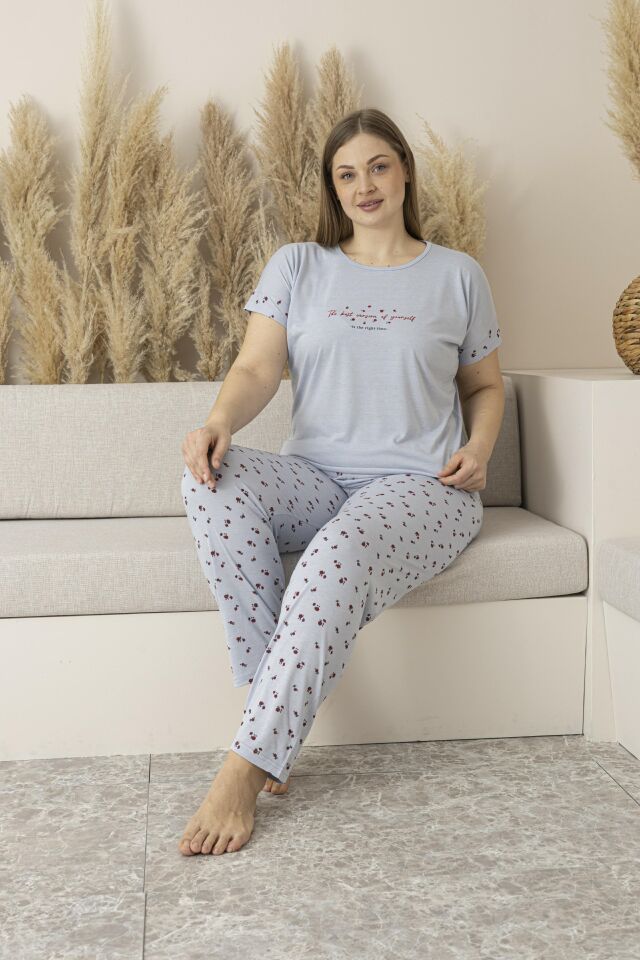 Kadın Yazlık Desenli Uzun Kollu Viskon Battal Pijama Takımı 5XL - Gri