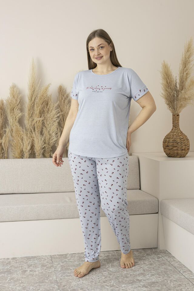 Kadın Yazlık Desenli Uzun Kollu Viskon Battal Pijama Takımı 5XL - Gri