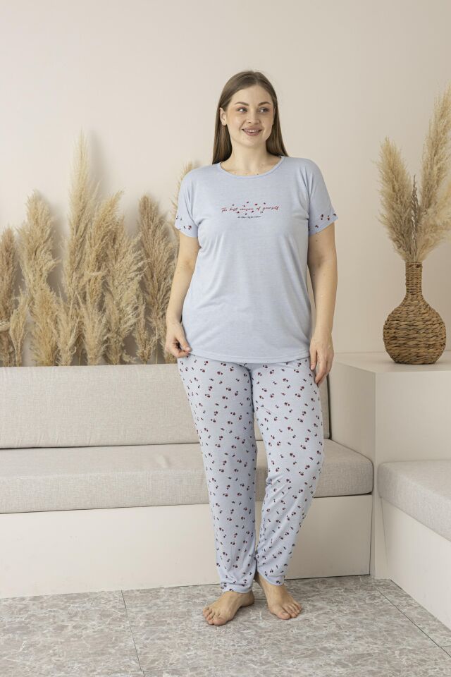 Kadın Yazlık Desenli Uzun Kollu Viskon Battal Pijama Takımı 5XL - Gri