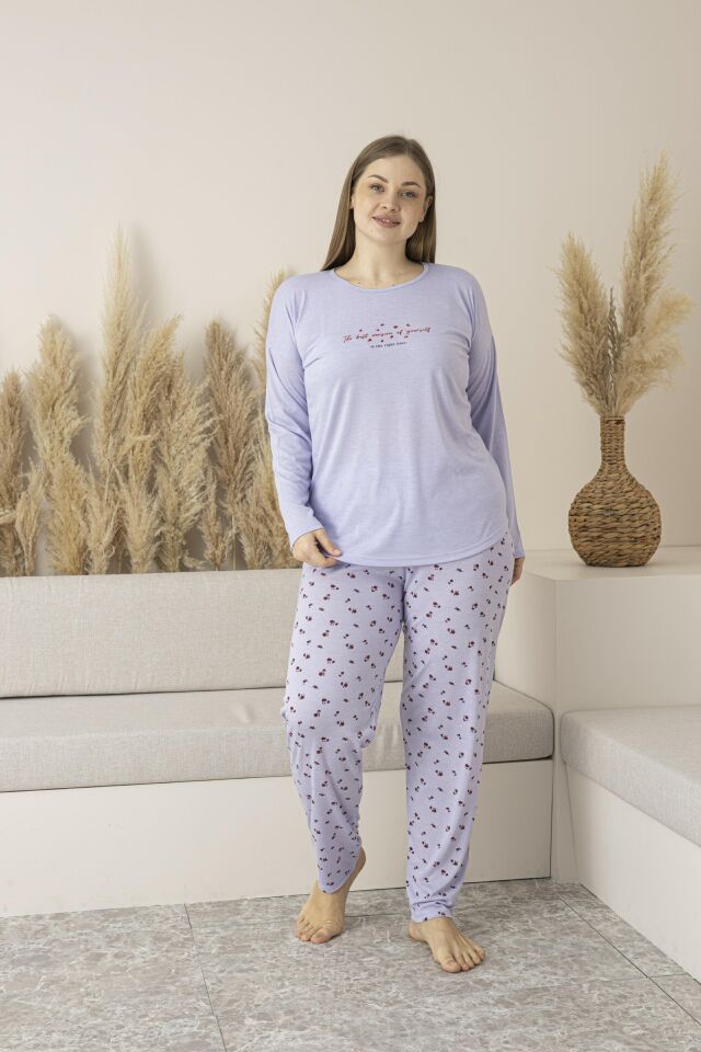 Kadın Yazlık Desenli Uzun Kollu Viskon Battal Pijama Takımı 3XL - Lila