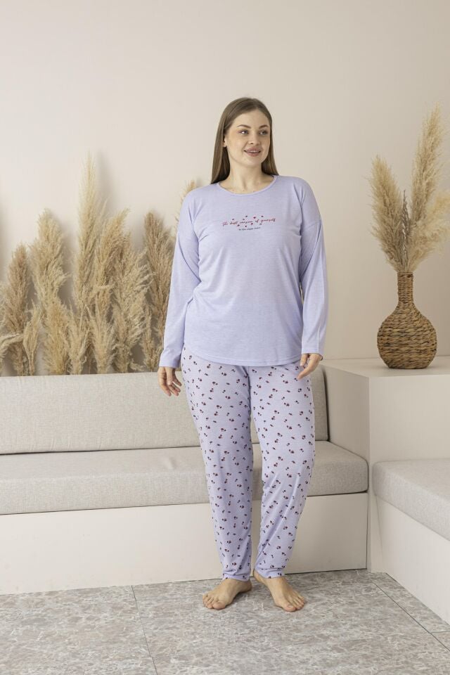 Kadın Yazlık Desenli Uzun Kollu Viskon Battal Pijama Takımı 3XL - Lila