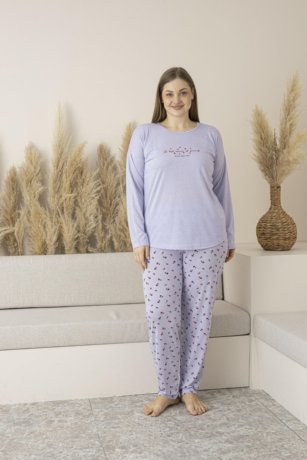 Kadın Yazlık Desenli Uzun Kollu Viskon Battal Pijama Takımı 4XL - Lila
