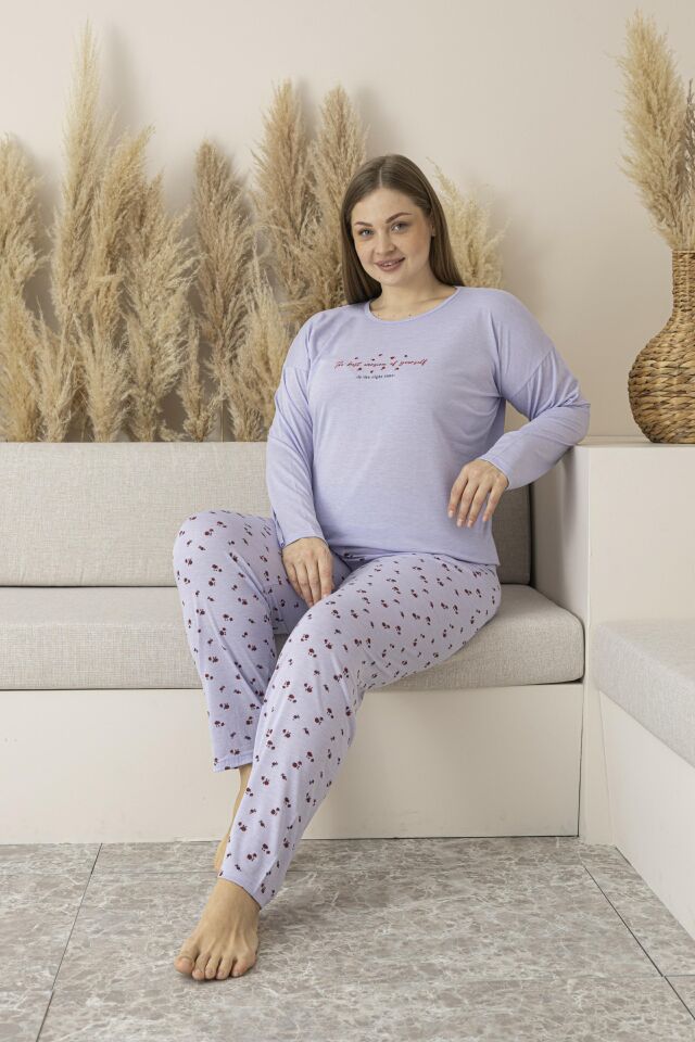 Kadın Yazlık Desenli Uzun Kollu Viskon Battal Pijama Takımı 4XL - Lila