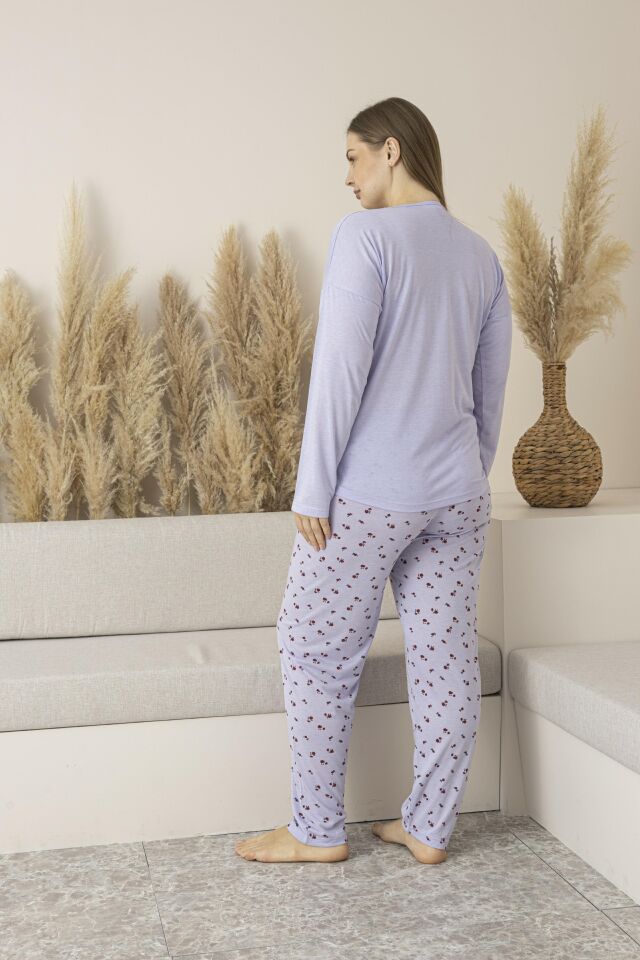 Kadın Yazlık Desenli Uzun Kollu Viskon Battal Pijama Takımı 4XL - Lila