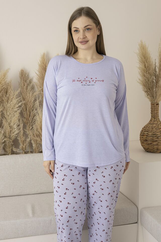 Kadın Yazlık Desenli Uzun Kollu Viskon Battal Pijama Takımı 4XL - Lila