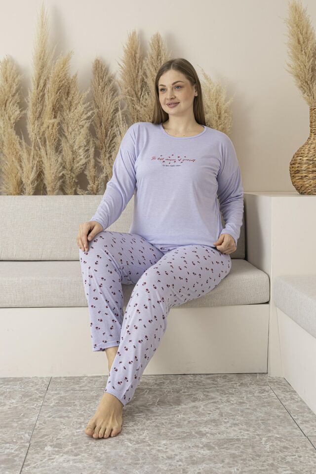 Kadın Yazlık Desenli Uzun Kollu Viskon Battal Pijama Takımı 5XL - Lila