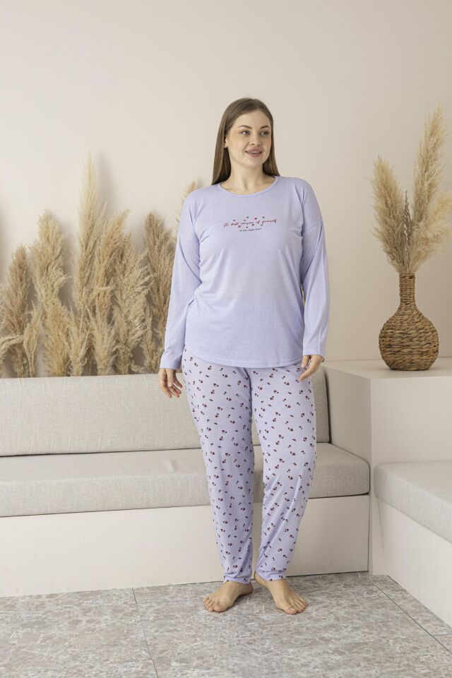 Kadın Yazlık Desenli Uzun Kollu Viskon Battal Pijama Takımı 5XL - Lila