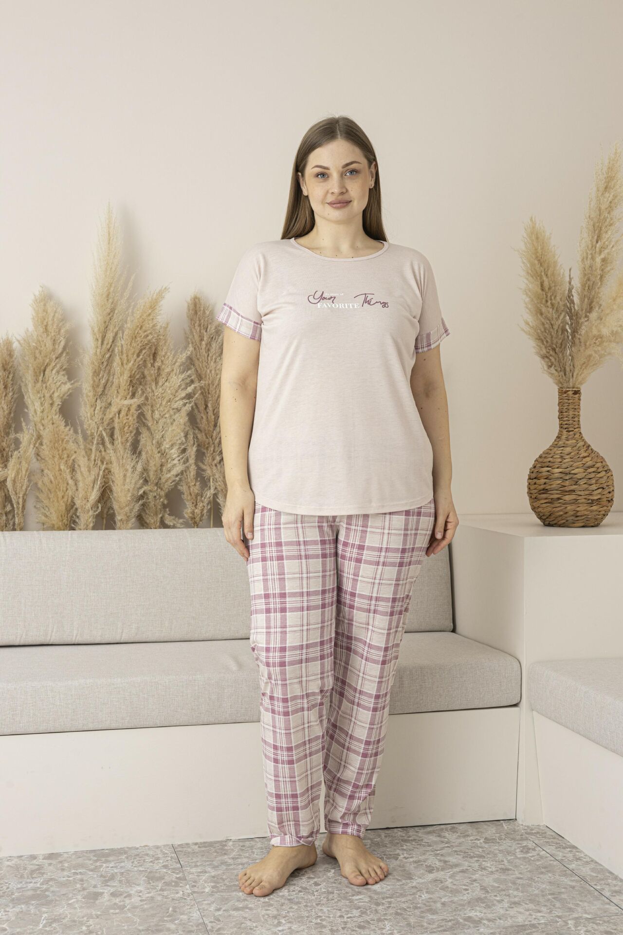 Kadın Yazlık Kareli Kısa Kollu Viskon Battal Pijama Takımı - Pudra