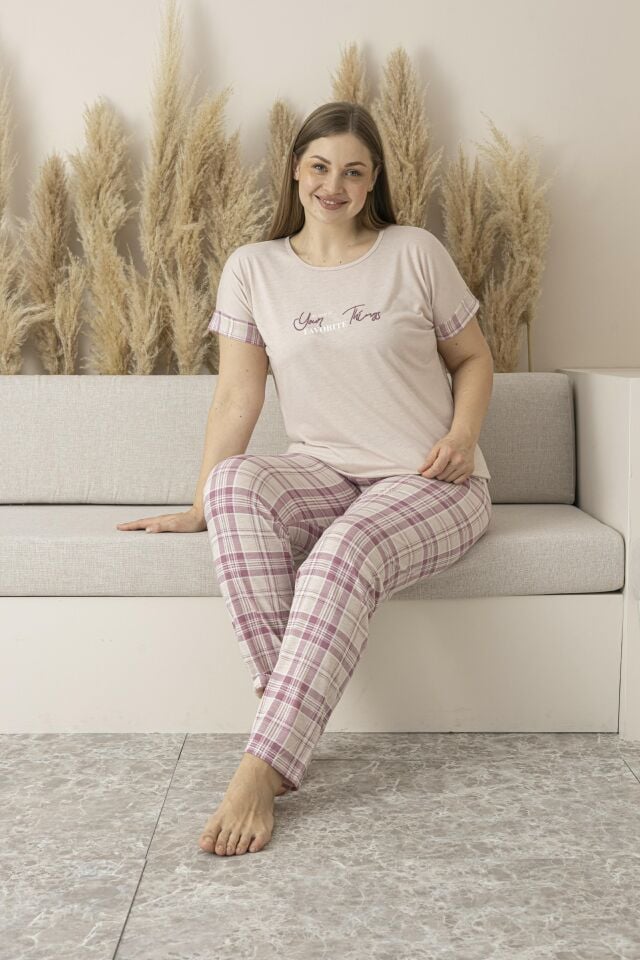 Kadın Yazlık Kareli Kısa Kollu Viskon Battal Pijama Takımı - Pudra
