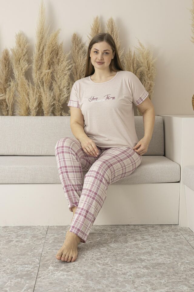 Kadın Yazlık Kareli Kısa Kollu Viskon Battal Pijama Takımı - Pudra