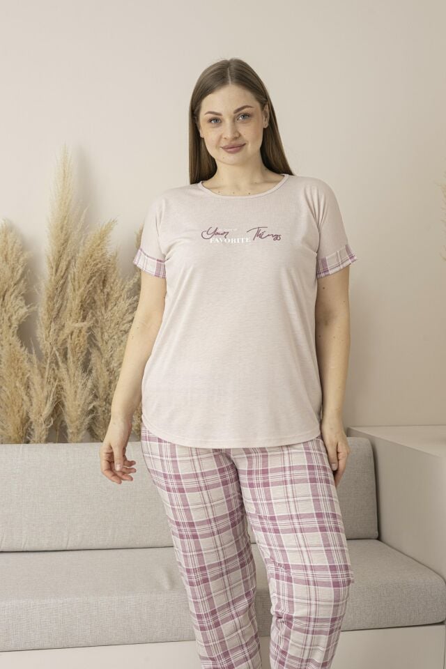 Kadın Yazlık Kareli Kısa Kollu Viskon Battal Pijama Takımı - Pudra