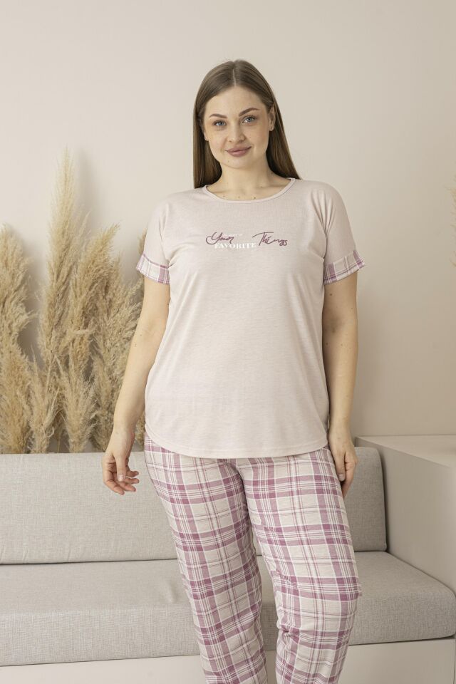 Kadın Yazlık Kareli Kısa Kollu Viskon Battal Pijama Takımı - Pudra