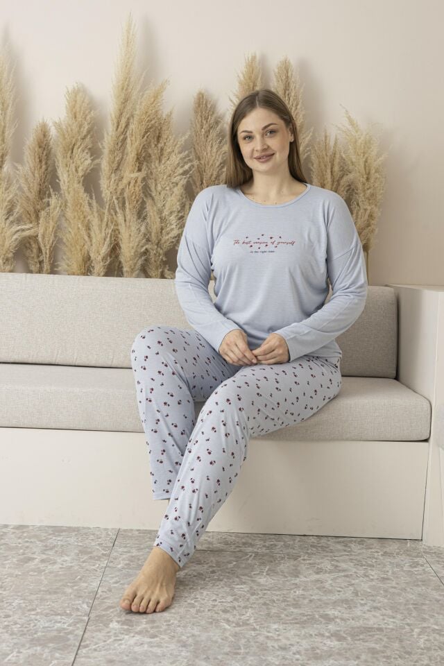 Kadın Yazlık Desenli Kısa Kollu Viskon Battal Pijama Takımı 3XL - Gri