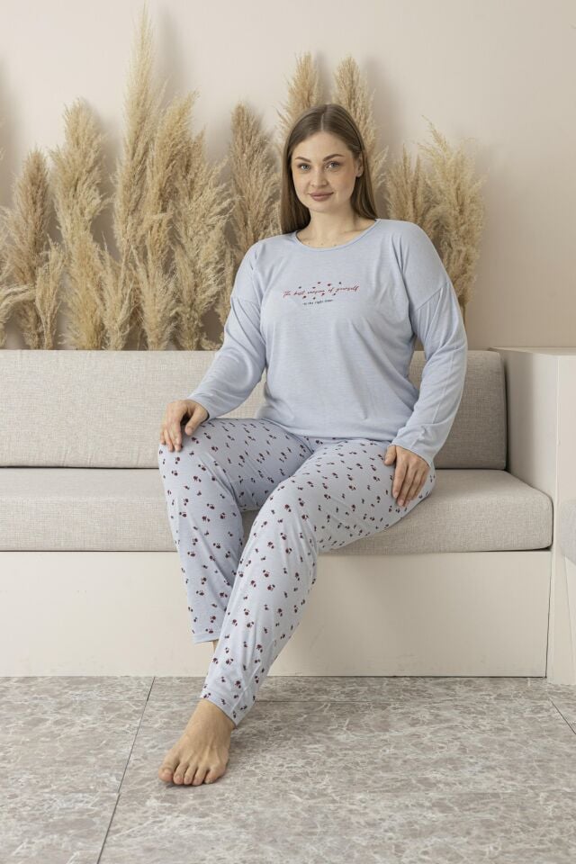 Kadın Yazlık Desenli Kısa Kollu Viskon Battal Pijama Takımı 4XL - Gri
