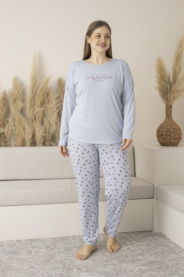Kadın Yazlık Desenli Kısa Kollu Viskon Battal Pijama Takımı 5XL - Gri