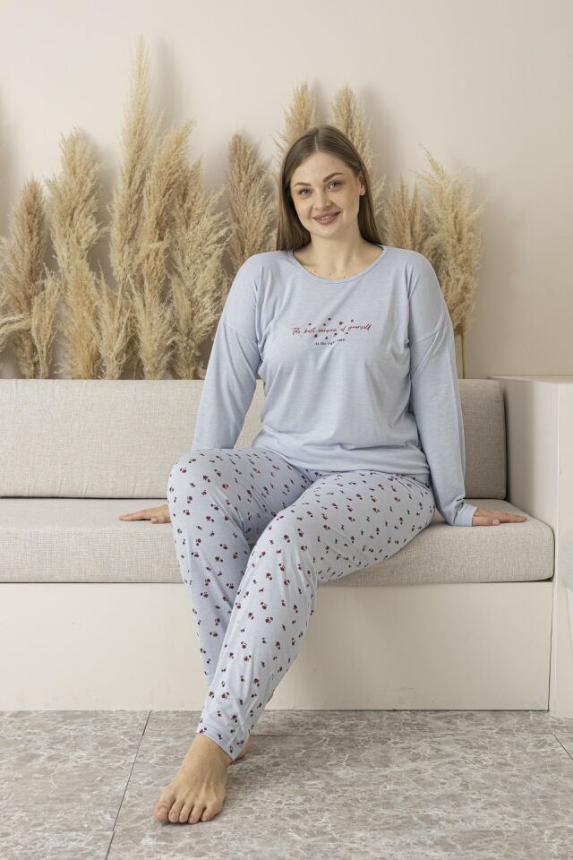 Kadın Yazlık Desenli Kısa Kollu Viskon Battal Pijama Takımı 5XL - Gri