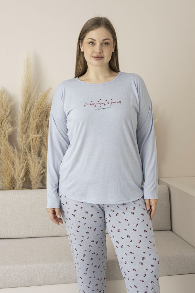 Kadın Yazlık Desenli Kısa Kollu Viskon Battal Pijama Takımı 5XL - Gri