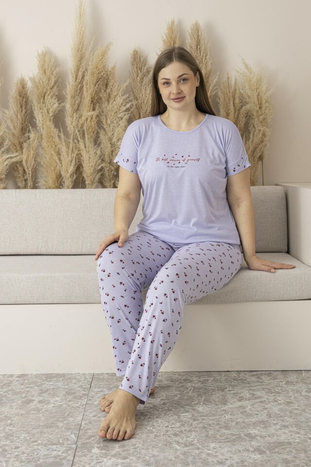 Kadın Yazlık Desenli Kısa Kollu Viskon Battal Pijama Takımı 4XL - Lila