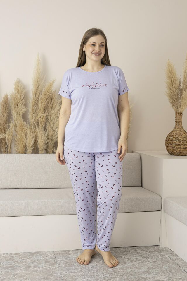 Kadın Yazlık Desenli Kısa Kollu Viskon Battal Pijama Takımı 4XL - Lila