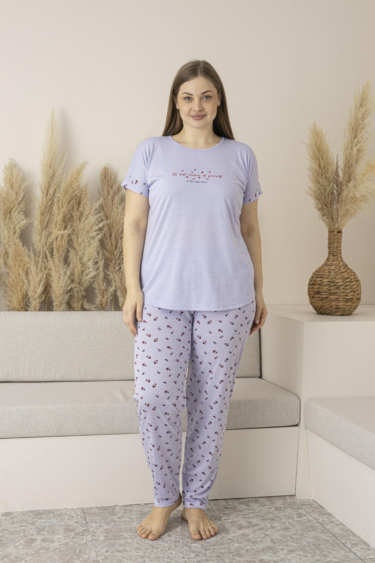 Kadın Yazlık Desenli Kısa Kollu Viskon Battal Pijama Takımı 5XL - Lila