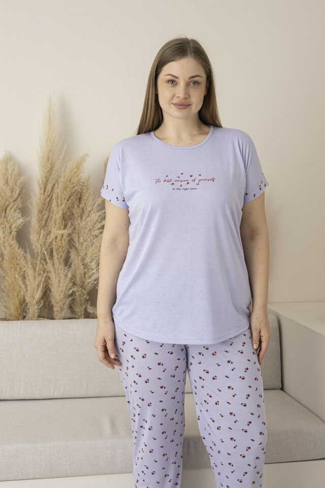 Kadın Yazlık Desenli Kısa Kollu Viskon Battal Pijama Takımı 5XL - Lila