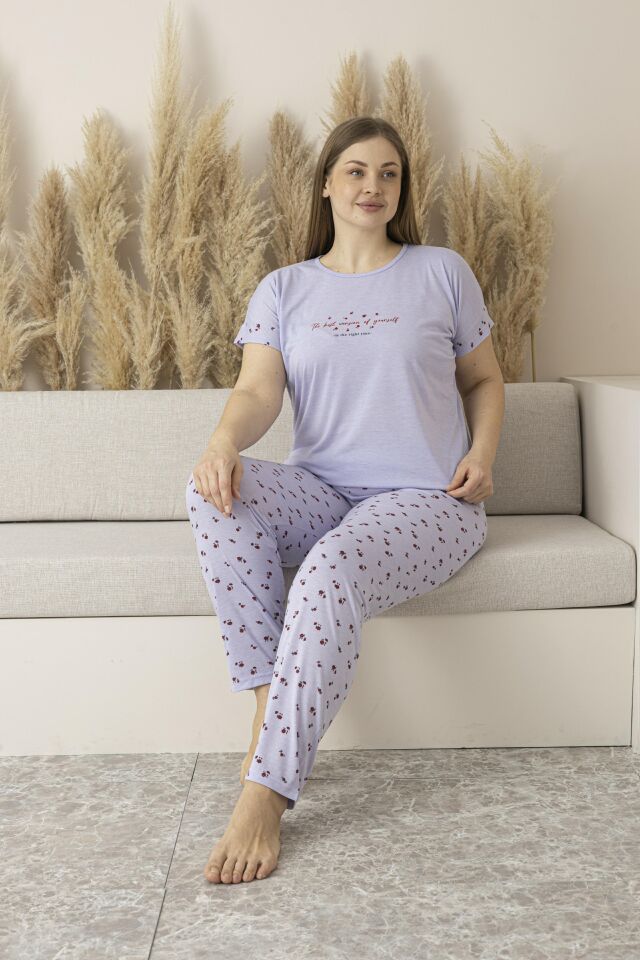 Kadın Yazlık Desenli Kısa Kollu Viskon Battal Pijama Takımı 5XL - Lila