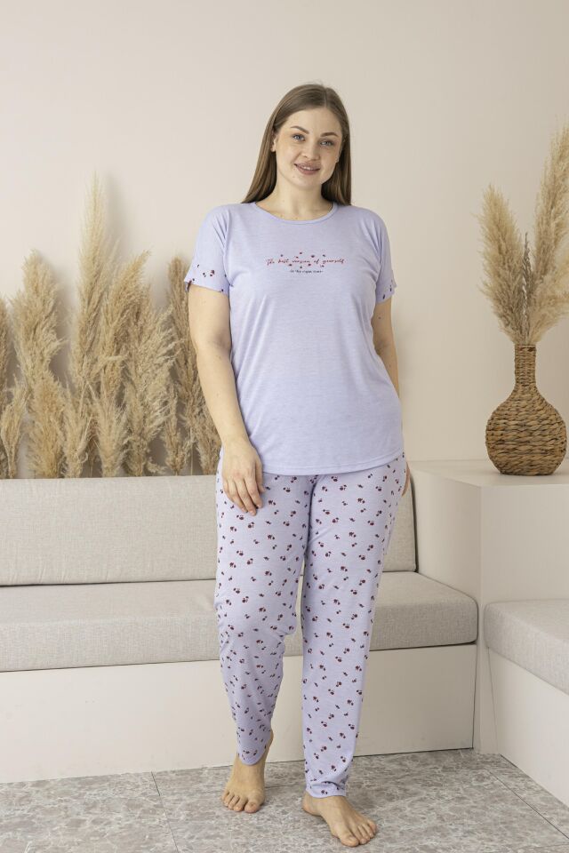 Kadın Yazlık Desenli Kısa Kollu Viskon Battal Pijama Takımı 5XL - Lila