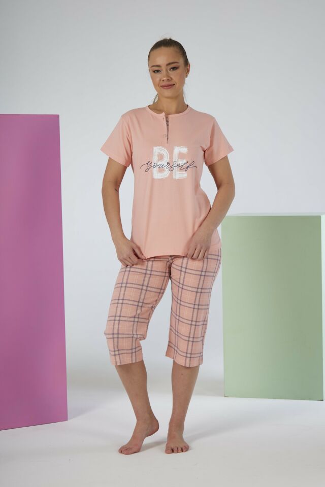 Kadın Yazlık Kareli Kısa Kollu Kaprili Penye Lycra Pijama Takımı - Pembe