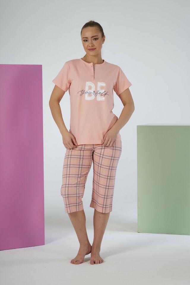 Kadın Yazlık Kareli Kısa Kollu Kaprili Penye Lycra Pijama Takımı - Pembe