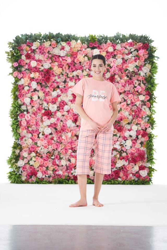 Kadın Yazlık Kareli Kısa Kollu Kaprili Penye Lycra Pijama Takımı - Pembe