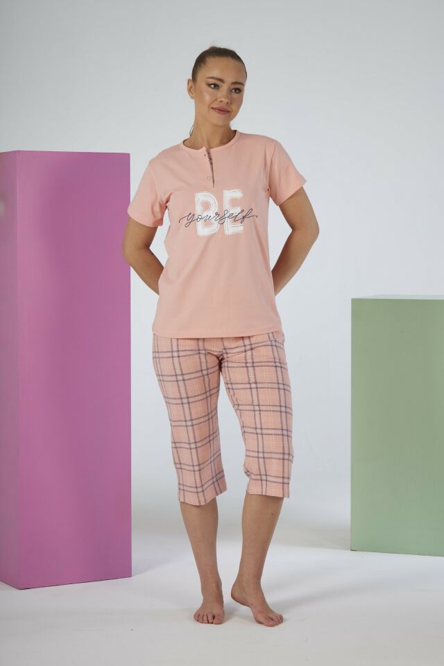 Kadın Yazlık Kareli Kısa Kollu Kaprili Penye Lycra Pijama Takımı - Pembe