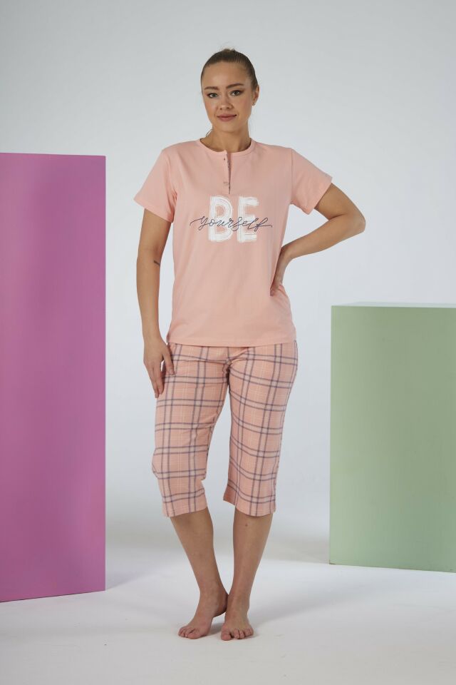 Kadın Yazlık Kareli Kısa Kollu Kaprili Penye Lycra Pijama Takımı - Pembe