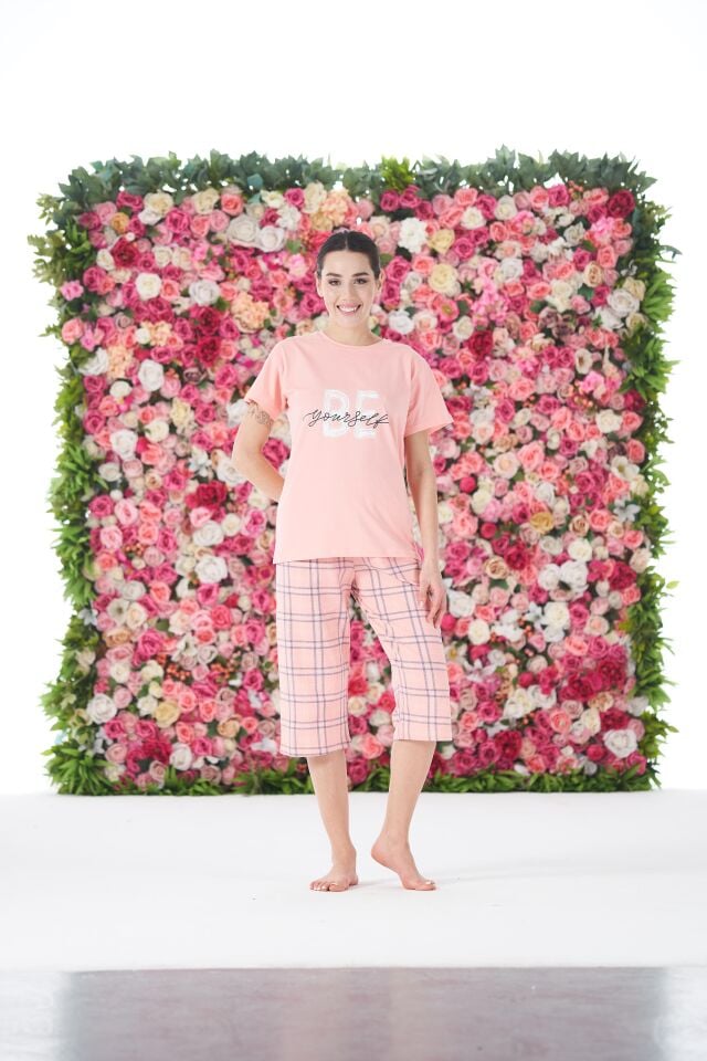 Kadın Yazlık Kareli Kısa Kollu Kaprili Penye Lycra Pijama Takımı - Pembe